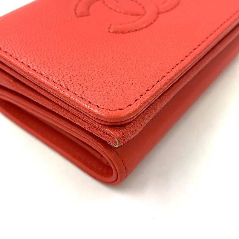 Chanel Coco Mark Serial Number 28 Caviar Skin Red Trifold Wallet Silver