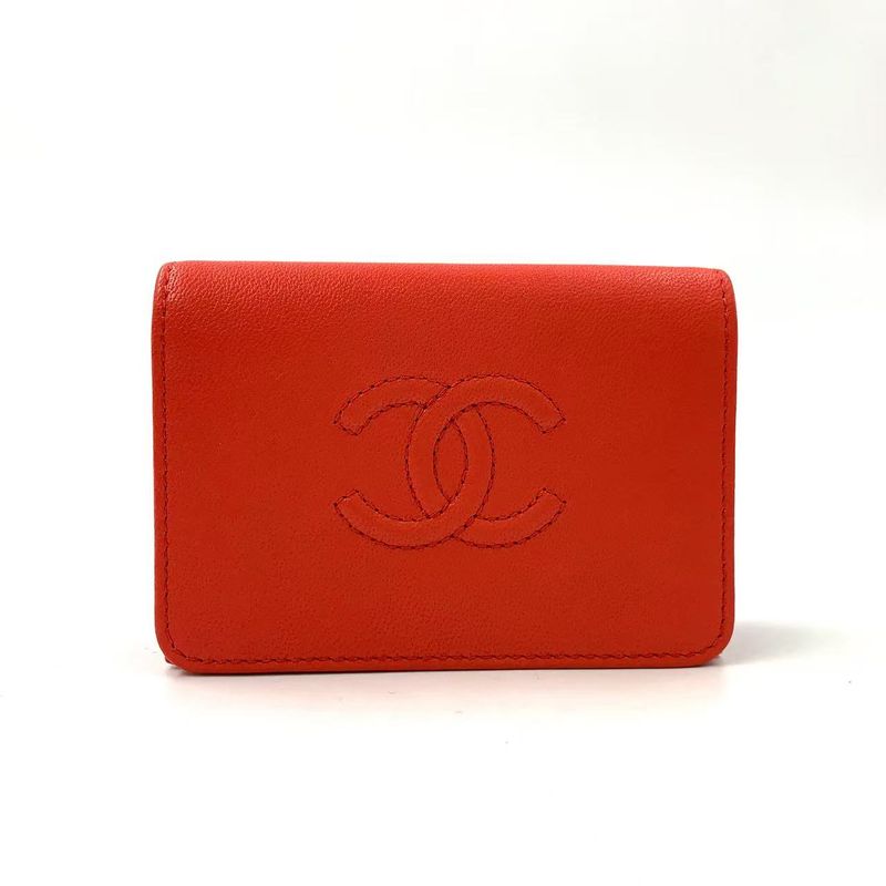 Chanel Coco Mark Serial Number 28 Caviar Skin Red Trifold Wallet Silver