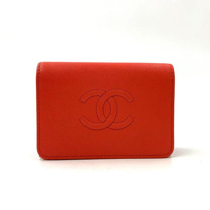 Chanel Coco Mark Serial Number 28 Caviar Skin Red Trifold Wallet Silver
