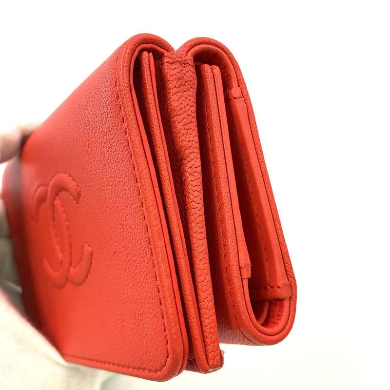 Chanel Coco Mark Serial Number 28 Caviar Skin Red Trifold Wallet Silver
