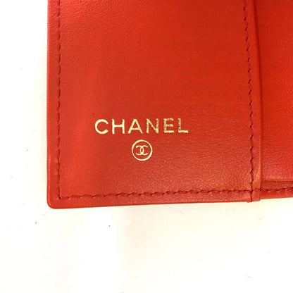 Chanel Coco Mark Serial Number 28 Caviar Skin Red Trifold Wallet Silver