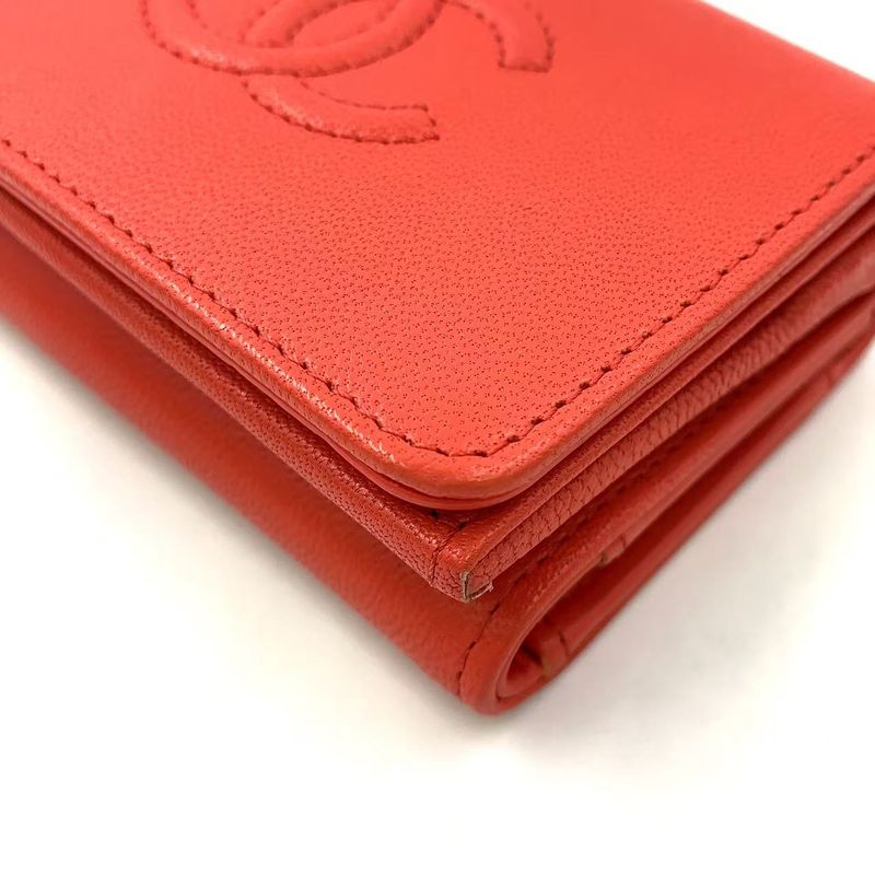 Chanel Coco Mark Serial Number 28 Caviar Skin Red Trifold Wallet Silver