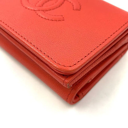 Chanel Coco Mark Serial Number 28 Caviar Skin Red Trifold Wallet Silver