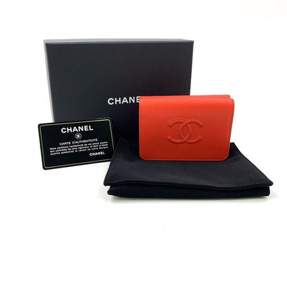 Chanel Coco Mark Serial Number 28 Caviar Skin Red Trifold Wallet Silver