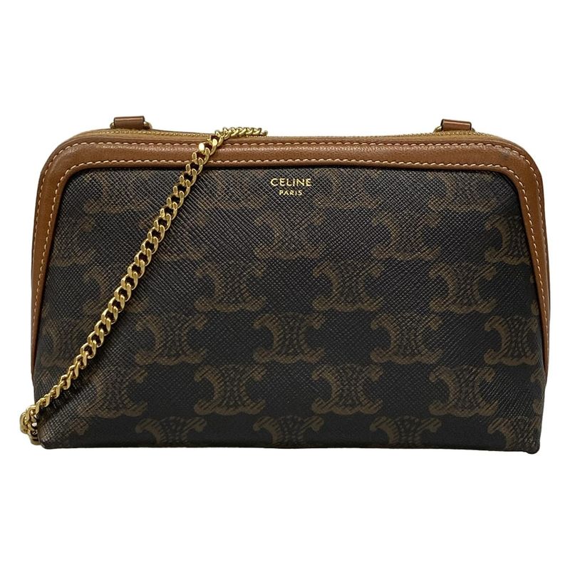 Celine Shoulder Bag Chain Clutch Triomphe Canvas Black X Dark Brown X Brown