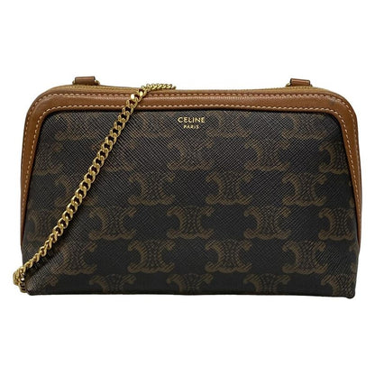 Celine Shoulder Bag Chain Clutch Triomphe Canvas Black X Dark Brown X Brown
