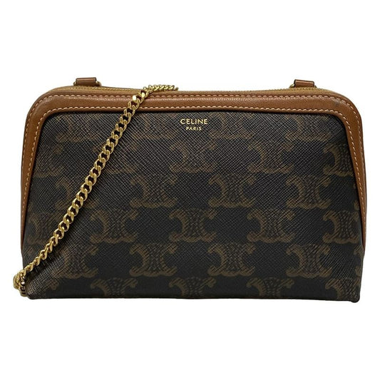 Celine Shoulder Bag Chain Clutch Triomphe Canvas Black X Dark Brown X Brown
