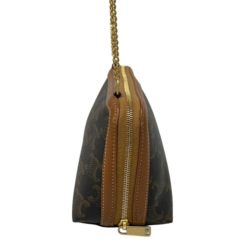 Celine Shoulder Bag Chain Clutch Triomphe Canvas Black X Dark Brown X Brown