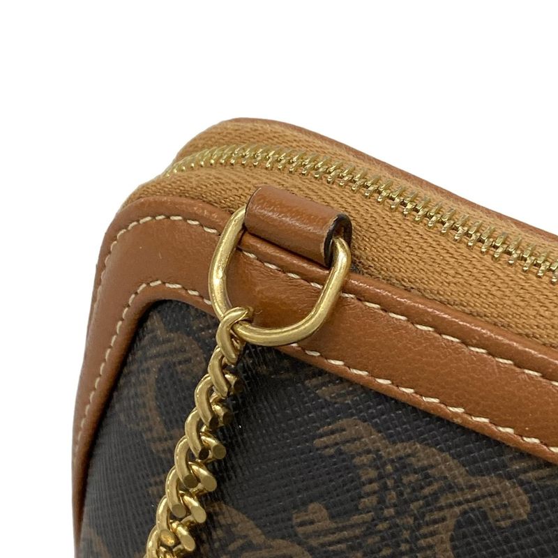 Celine Shoulder Bag Chain Clutch Triomphe Canvas Black X Dark Brown X Brown