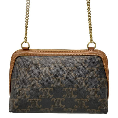Celine Shoulder Bag Chain Clutch Triomphe Canvas Black X Dark Brown X Brown