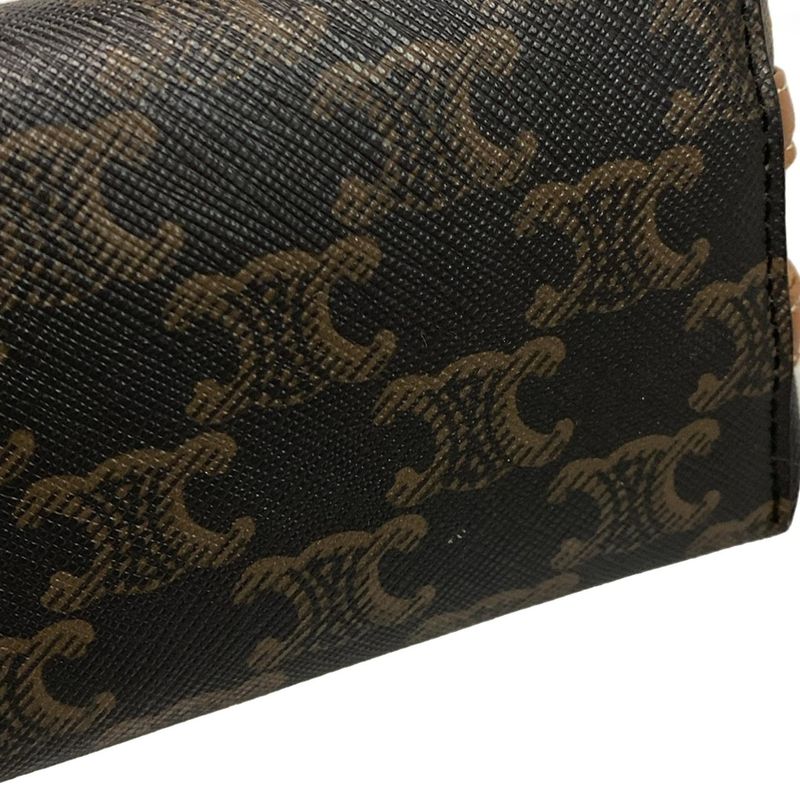 Celine Shoulder Bag Chain Clutch Triomphe Canvas Black X Dark Brown X Brown