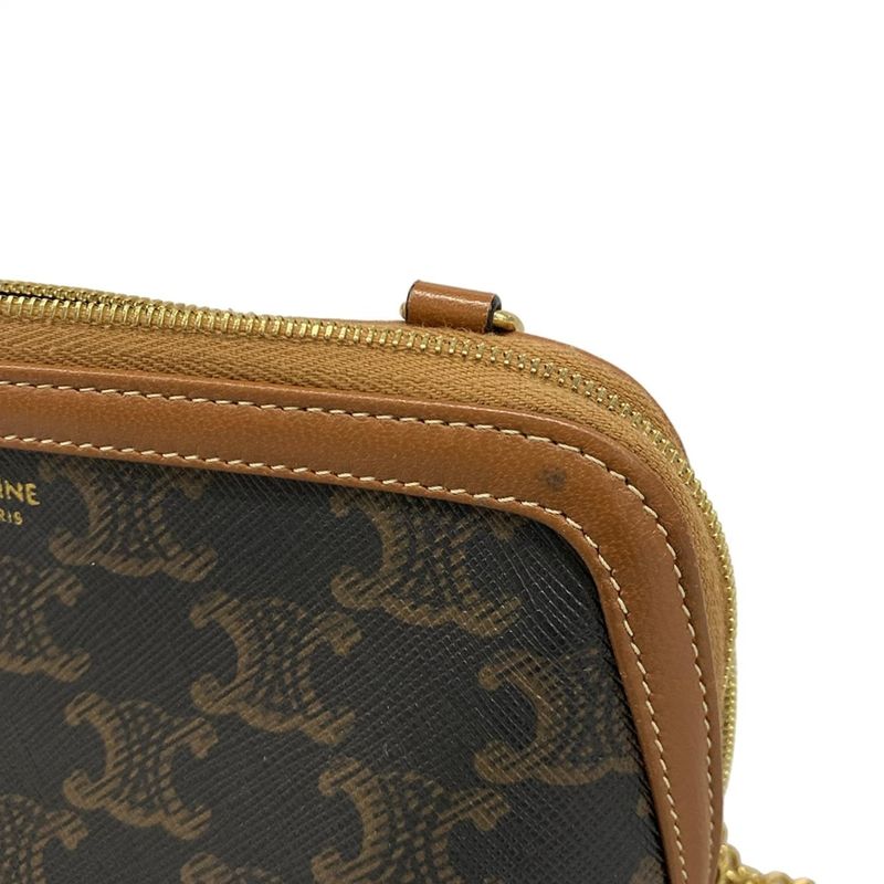 Celine Shoulder Bag Chain Clutch Triomphe Canvas Black X Dark Brown X Brown