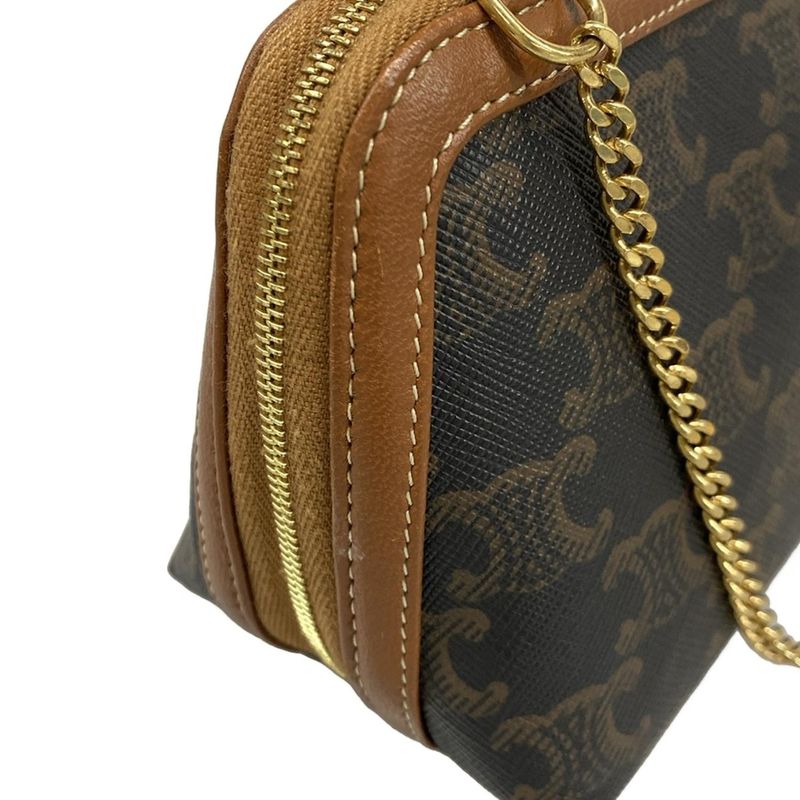 Celine Shoulder Bag Chain Clutch Triomphe Canvas Black X Dark Brown X Brown