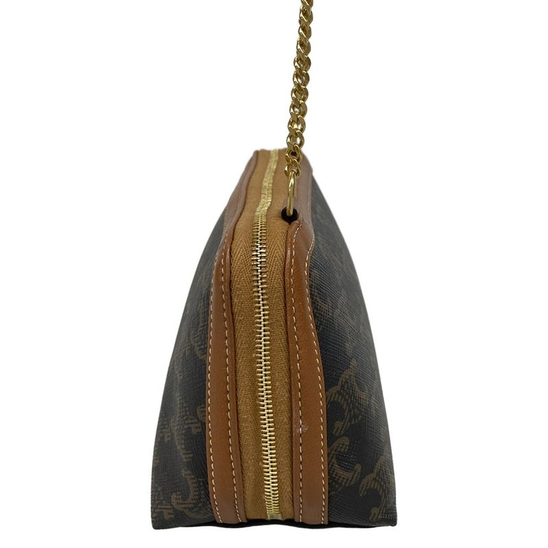 Celine Shoulder Bag Chain Clutch Triomphe Canvas Black X Dark Brown X Brown