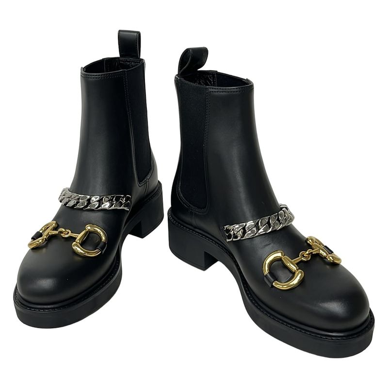 Gucci Short Boots 34 1 2 Women's Horsebit 670393 Black Side Gore Chain 34 Half