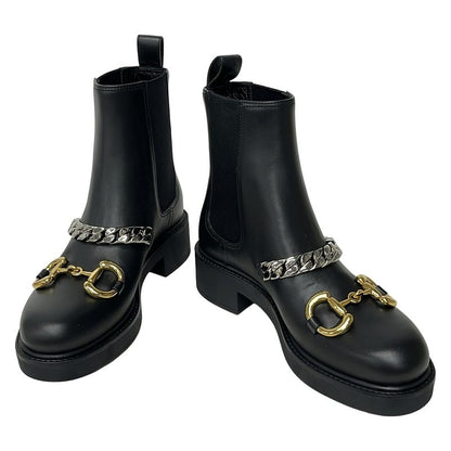 Gucci Short Boots 34 1 2 Women's Horsebit 670393 Black Side Gore Chain 34 Half