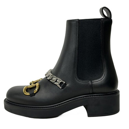 Gucci Short Boots 34 1 2 Women's Horsebit 670393 Black Side Gore Chain 34 Half