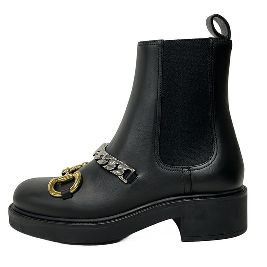 Gucci Short Boots 34 1 2 Women's Horsebit 670393 Black Side Gore Chain 34 Half