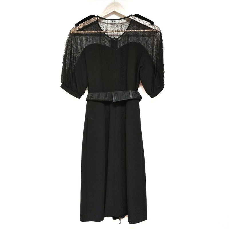 Fendi Dress Size 36 S Women's - Black Crew Neck Short Sleeve Long Lace See-Throu