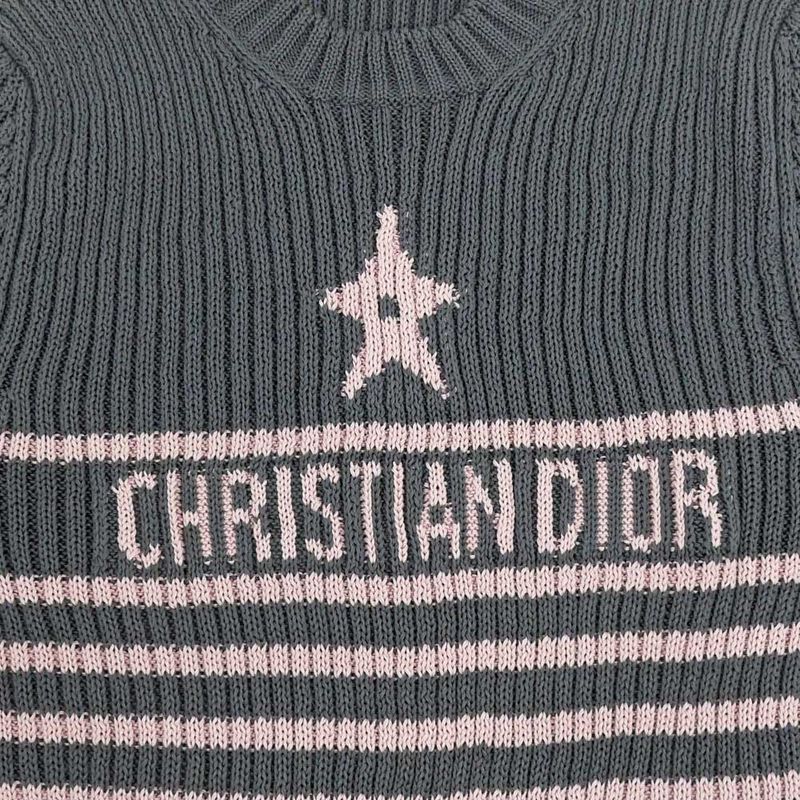 Dior Short Sleeve Knit Dioliviera Border 36 Size Gray Pink Cashmere