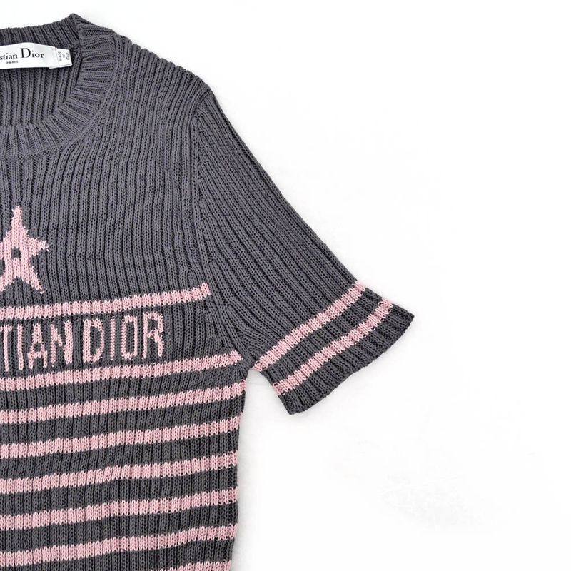 Dior Short Sleeve Knit Dioliviera Border 36 Size Gray Pink Cashmere