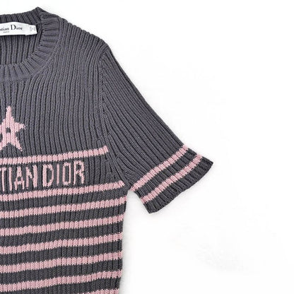 Dior Short Sleeve Knit Dioliviera Border 36 Size Gray Pink Cashmere