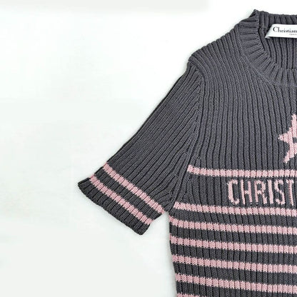Dior Short Sleeve Knit Dioliviera Border 36 Size Gray Pink Cashmere