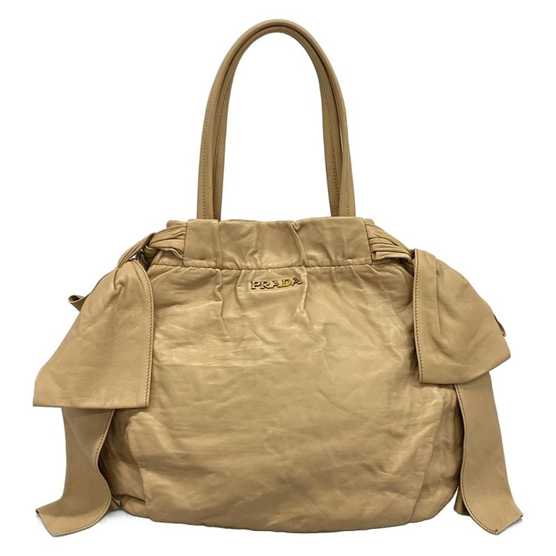 Prada Tote Bag - Bn1760 Beige Leather Tag Ribbon Leather