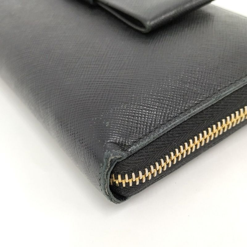 Prada Round Zipper Long Wallet Saffiano Leather Black