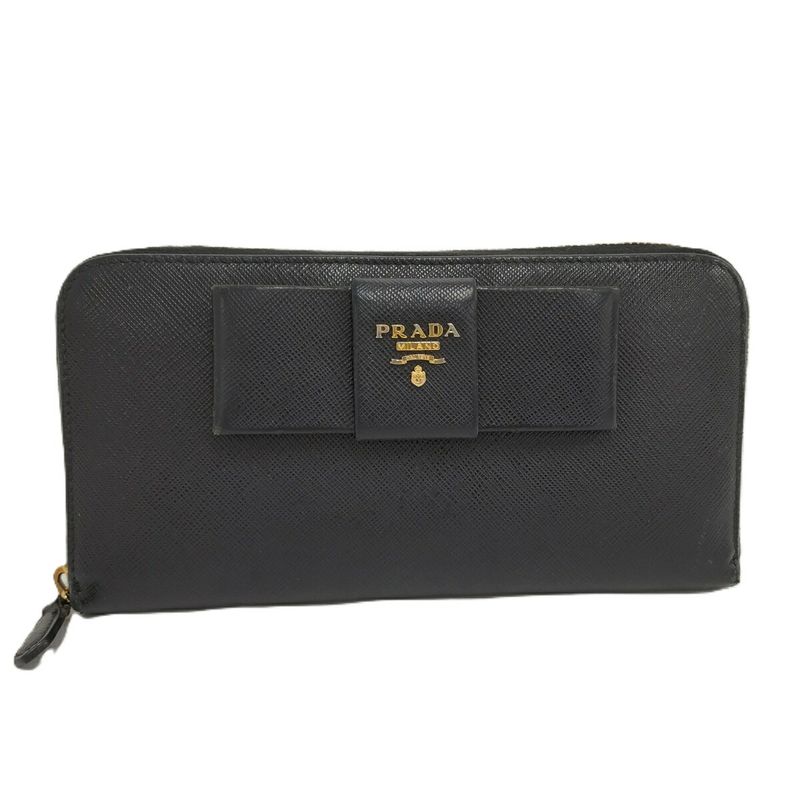 Prada Round Zipper Long Wallet Saffiano Leather Black