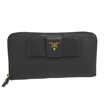 Prada Round Zipper Long Wallet Saffiano Leather Black