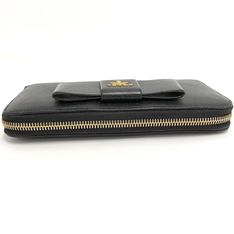 Prada Round Zipper Long Wallet Saffiano Leather Black