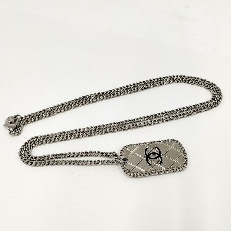 Chanel Long Necklace 09p Coco Mark Dog Tag Plate Silver Plated A41491