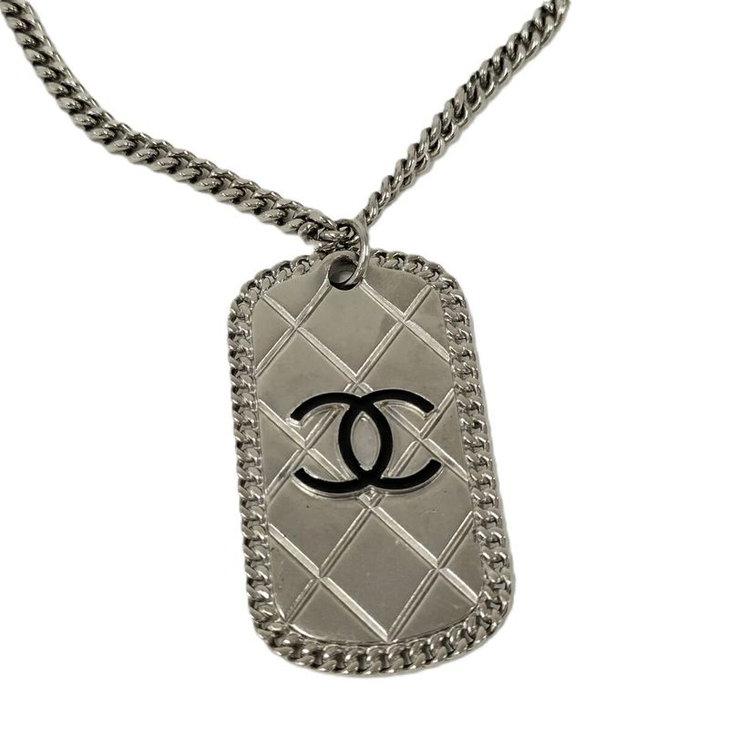 Chanel Long Necklace 09p Coco Mark Dog Tag Plate Silver Plated A41491