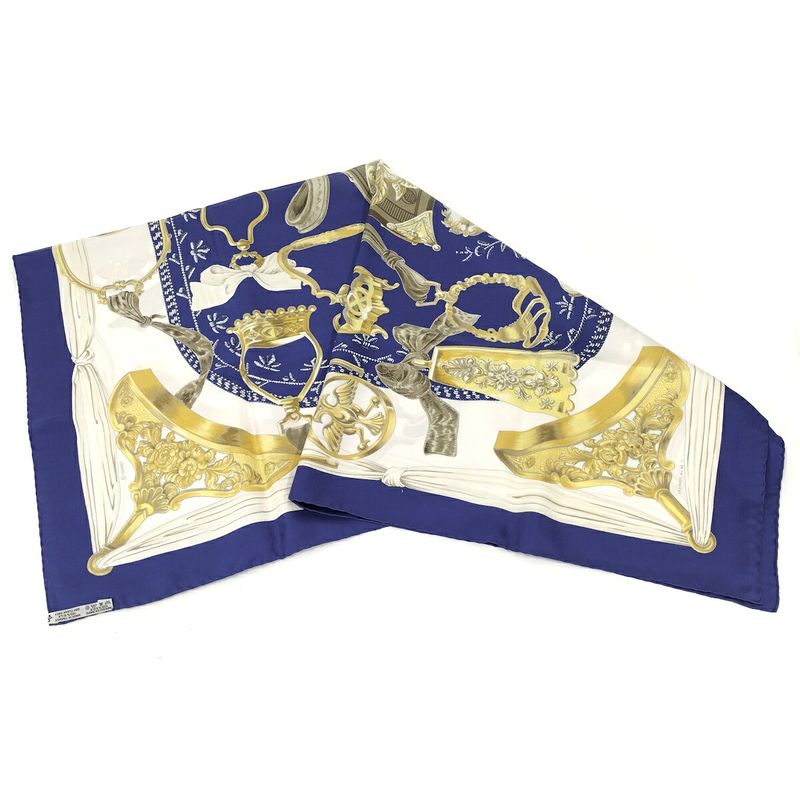 Hermes Large Scarf Kare90 Etriers 100% Silk Blue White Gold
