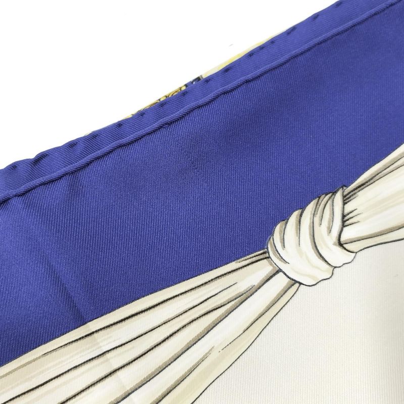 Hermes Large Scarf Kare90 Etriers 100% Silk Blue White Gold
