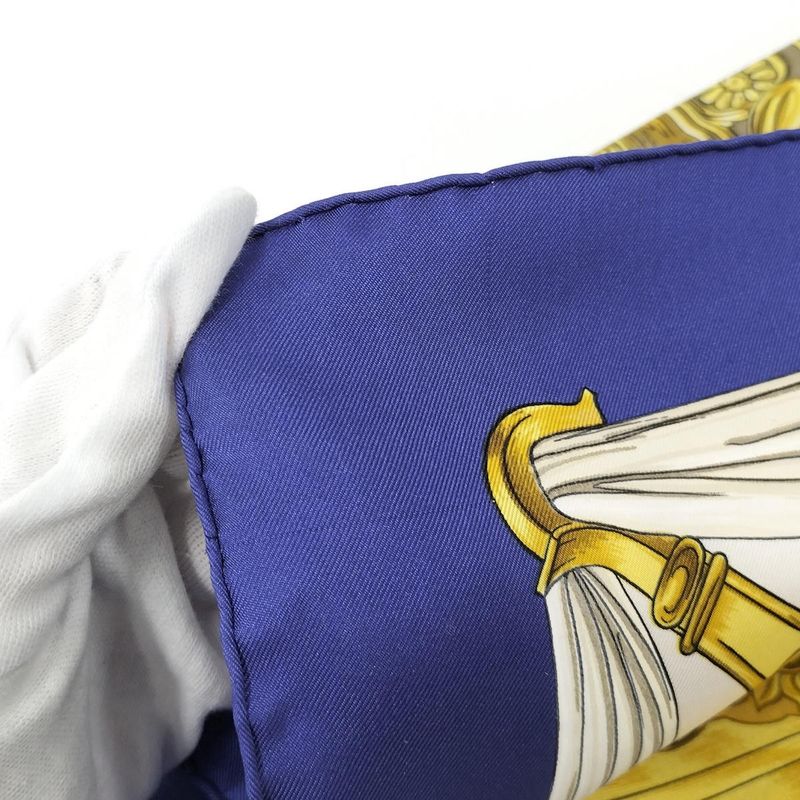 Hermes Large Scarf Kare90 Etriers 100% Silk Blue White Gold