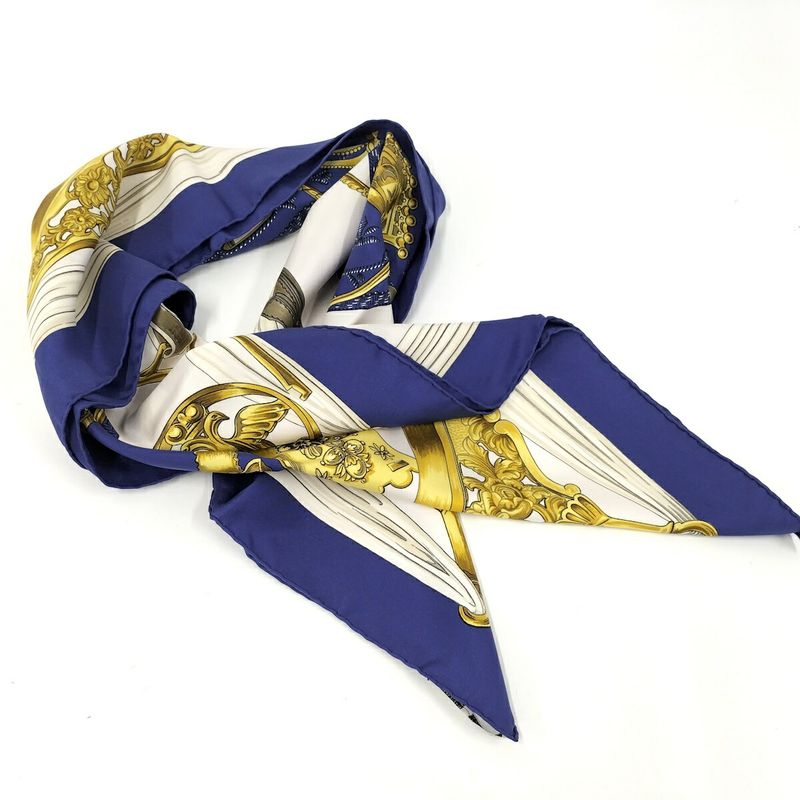 Hermes Large Scarf Kare90 Etriers 100% Silk Blue White Gold