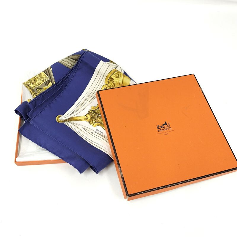 Hermes Large Scarf Kare90 Etriers 100% Silk Blue White Gold