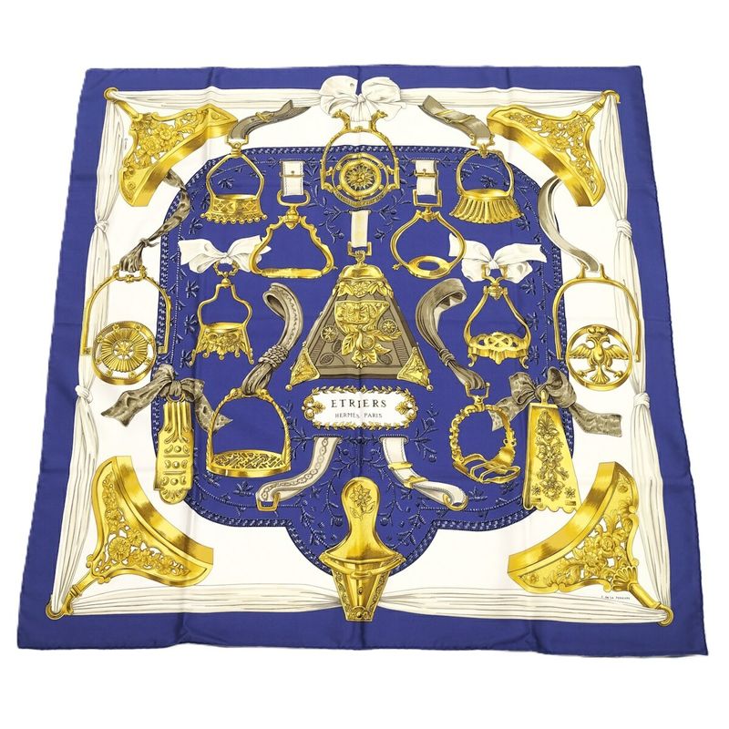 Hermes Large Scarf Kare90 Etriers 100% Silk Blue White Gold