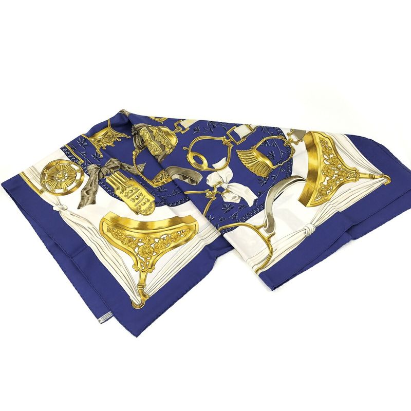 Hermes Large Scarf Kare90 Etriers 100% Silk Blue White Gold