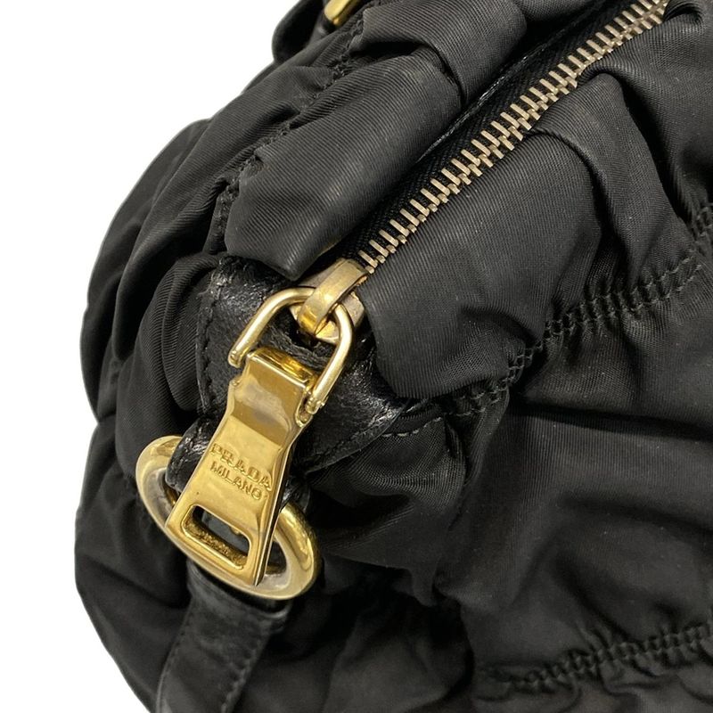 Prada Handbag Gathered Bag Black Leather Tag Leather