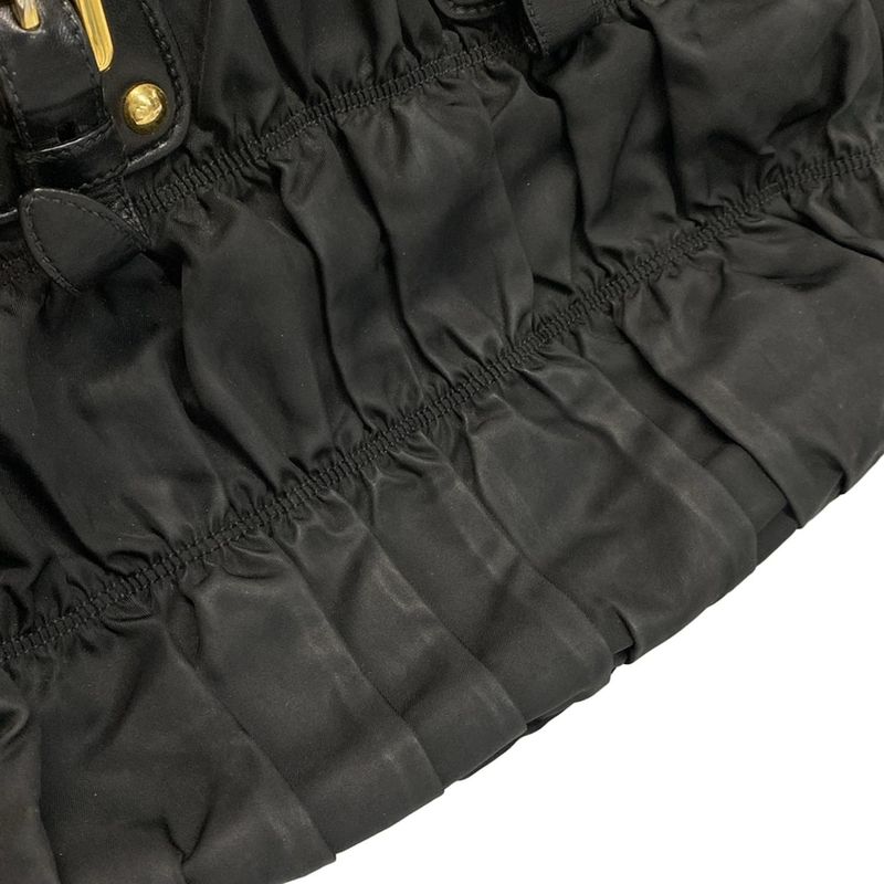 Prada Handbag Gathered Bag Black Leather Tag Leather