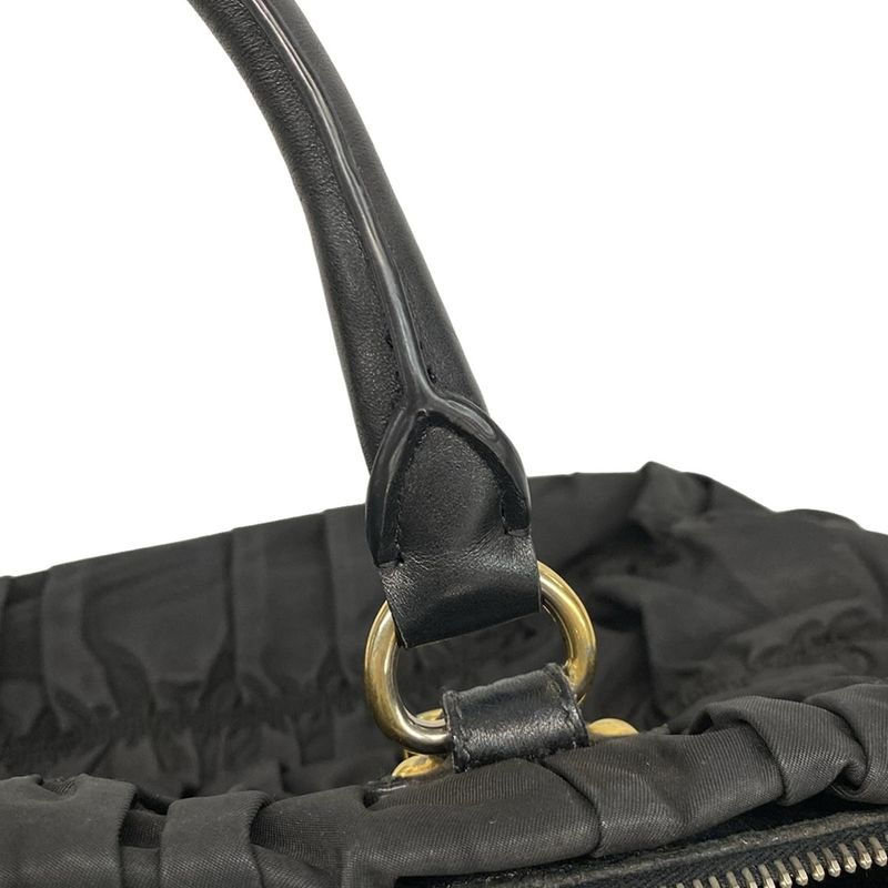 Prada Handbag Gathered Bag Black Leather Tag Leather