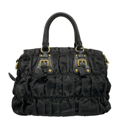 Prada Handbag Gathered Bag Black Leather Tag Leather