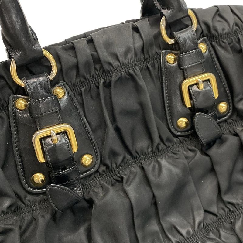 Prada Handbag Gathered Bag Black Leather Tag Leather