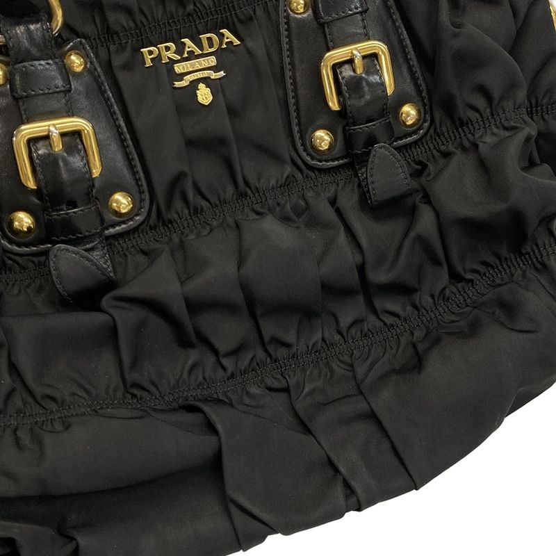 Prada Handbag Gathered Bag Black Leather Tag Leather