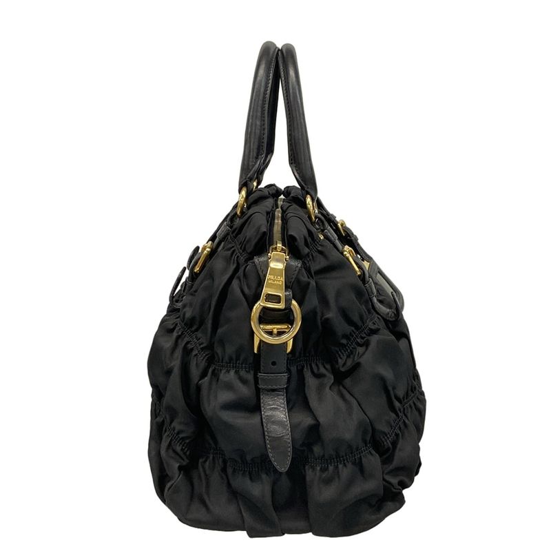 Prada Handbag Gathered Bag Black Leather Tag Leather