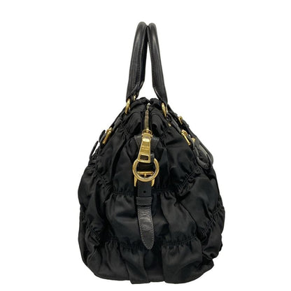Prada Handbag Gathered Bag Black Leather Tag Leather
