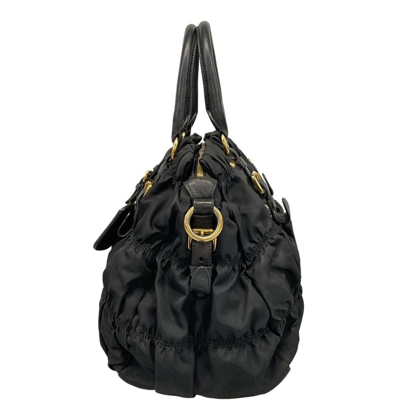 Prada Handbag Gathered Bag Black Leather Tag Leather
